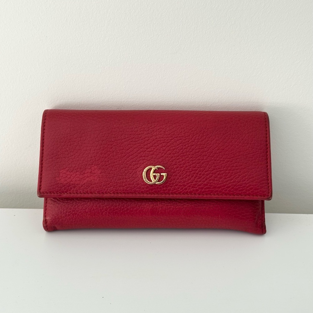 Authentic Gucci Red Leather Wallet with Gold Double G Logo